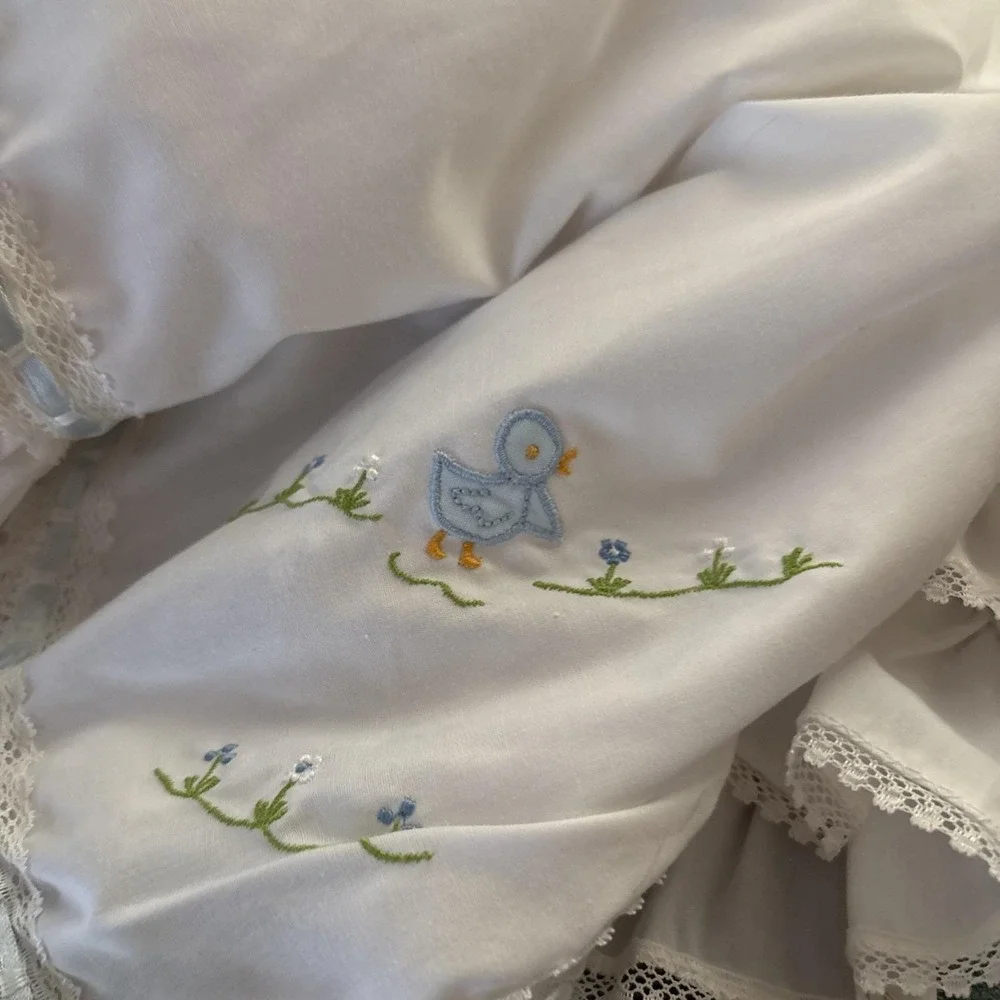 Handmade Embroidery‎ Baby Blanket. Never Used. Blue Stitching. Gender Neutral.